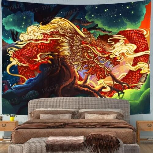 Simsant Chinese style unicorn Dragon Beast Totem Tapestry Wall Hanging Colorful Decorative Wall Art Chinese Myths Bedspreads