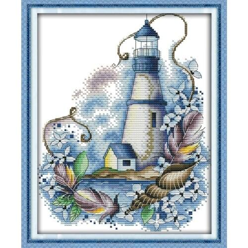 Joy Sunday Blue Lighthouse Chinese Cross Stitch Kits Ecological Cotton Stamped Printed 11CT DIY Gift Wedding Decoration For Home