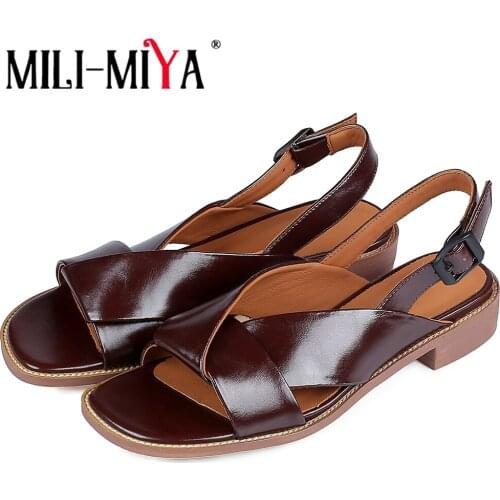 MILI-MIYA Women Comfort Genuine Leather Retro Neutral Flat Sandal Summer 2021 Fold Open Toe Buckle Strap Beach Casual Shoes Size