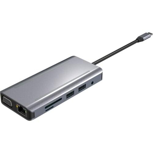 11-In-1 USB C Multi-Port Adapter with RJ45 4K HDMI-Compatible VGA 4 USB2.0 PD3.0 Audio 3.5mm SD/TF Hub with LED Light