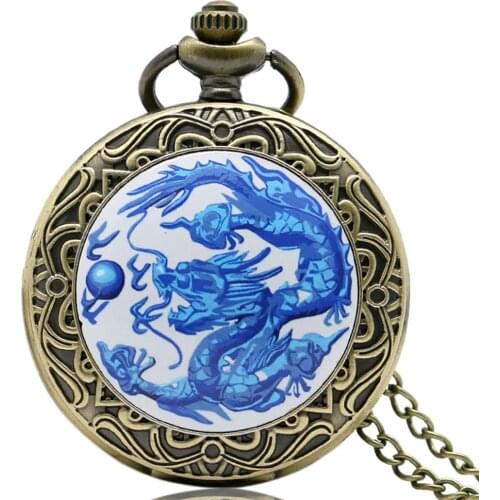 Retro Blue Fiery Dragon Fire Punk Evil Dragon Quartz Pocket Watch Necklace Pendant Chain Bronze Fob Pocket Watch for Men Women