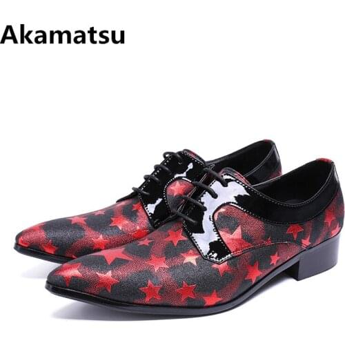 Men dress shoes leather red blue star print lace up pointed toe business office shoes chaussures hommes italian mens formal shoe