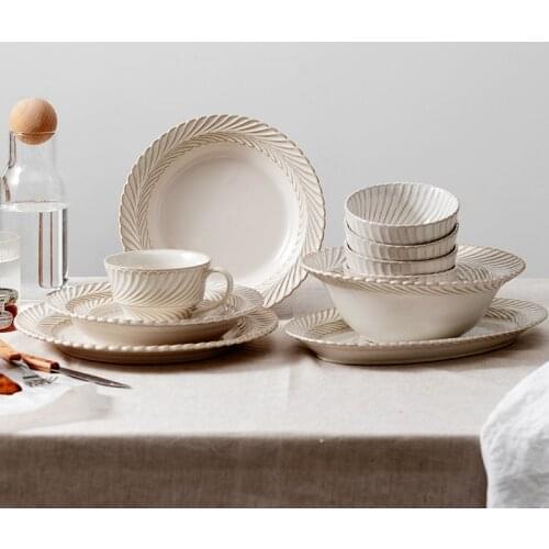 Nordic style ceramic tableware set household dishes retro grain rice bowl dish salad plate