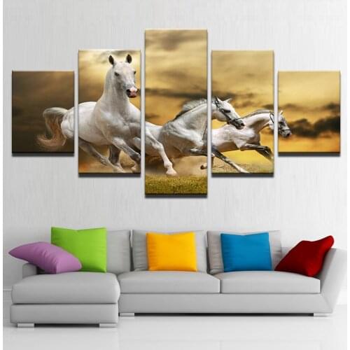 Wall Art 5 Pieces Pictures HD Prints White Horses Running In The Grassland Canvas Paintings Animal Posters Home Decor Framework