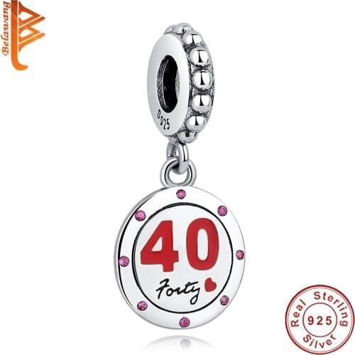 Genuine Real Solid 925 Sterling Silver Bead Red Enamel 40 Years Old Round Charm Fit Bracelets Pendant For Women DIY Fine Jewelry