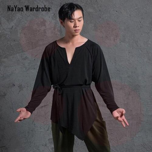 2021 New AN1163 Male Latin Dance T Shirt Long Sleeve V Neck Latin Dancing Tops for Samba Tango Chacha Belly Performamnce