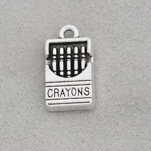 RAINXTAR Wholesale Alloy Vintage A Box Of Crayons Charms Stationery Tool Charms 9*16mm 50pcs AAC1653