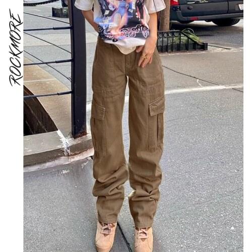Rockmore Vintage Baggy Straight Jeans Woman Streetwear Pockets Wide Leg Pants Capris High Waist Cargo Denim Trousers Femme