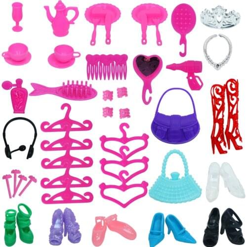 Random 50 Pcs Necklace Bracelet Comb Mirror Stud Earring Hangers Bags Shoes Accessories for Barbie Doll for Kelly Doll House Toy