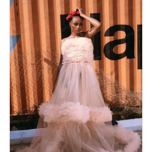A-Line Blush Pink Ruffles Tulle Evening Party Dresses Strapless Tiered Extra Puffy Prom Dresses 2021 A Line Special Occasion
