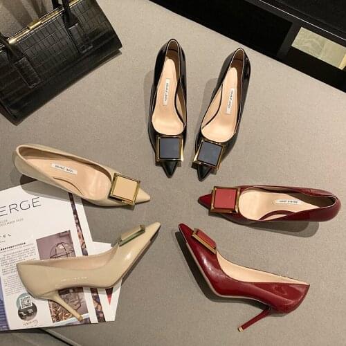 Elegant Women Pumps Pointed Toe Shallow Slip On Patent Leather Thin High Heels Red Shoes Party Wedding Pumps Metal Design 34-39