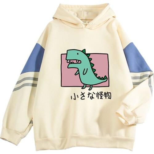 Ladies Fleece-lined Loose Hoodie Autumn Winter Leisure Style Girls Cartoon Monster Printing Long Sleeve Hooded Tops