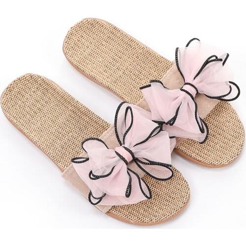 Women Flax Home Slippers Summer Bow-knot Soft Floor Woman Indoor slides Flats House Shoes Cute Linen Slipper