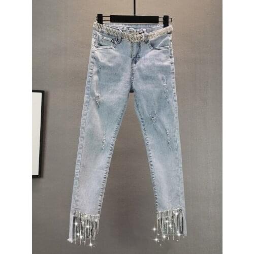 Blue Jeans Female 2020 Summer New Slim Slimming Elastic Heavy Crystal Tassel Pants High Waist Jeans Street Style Mom Jeans