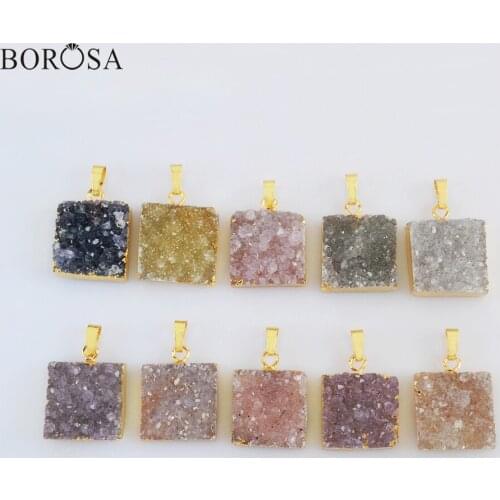 Gold Square Natural Agates Druzy Pendant Necklace Women Necklace, 18inch Gold Necklace Natural Druzy Pendant for Necklace G2022