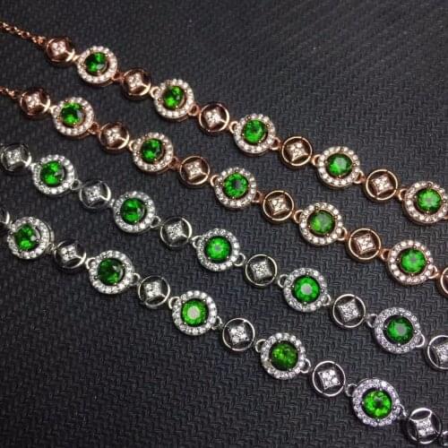 Natural diopside bracelet, 925 silver inlay, unique style, can be adjusted in size. Green gem