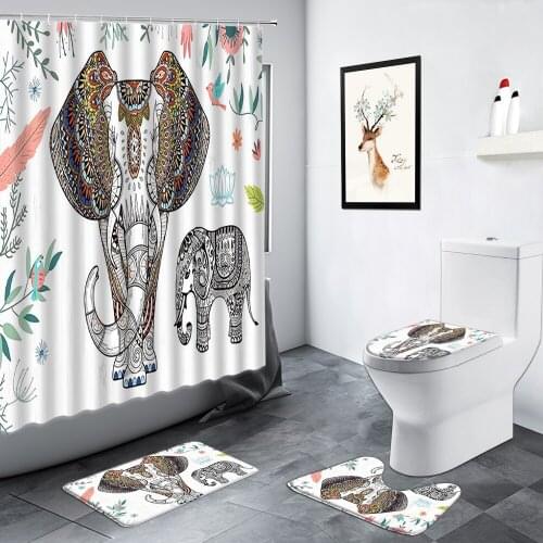Indian Bohemian Ethnic Style Elephant Shower Curtain Funny Animals Creative Nordic Decor Non-slip Carpet Bathroom Bath Mats Set