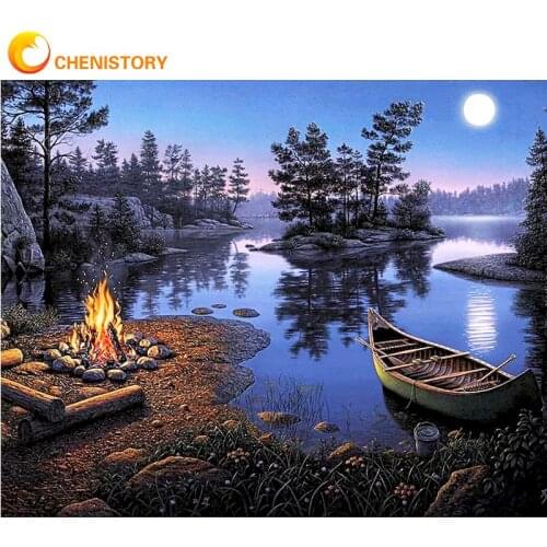CHENISTORY 60x75cm Oil Painting By Numbers Kits For Adults Moon Night Bonfire Scenery Paint Framed Home Decor Wall Art Diy Gift