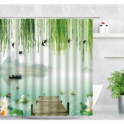 Summer Scenery Shower Curtains Green Leaves Birds Swan Lotus Boat Chinese Style Natural Landscape Fabric Bathroom Decor Curtain
