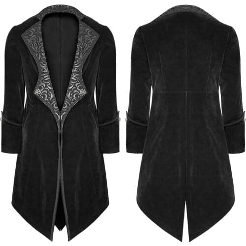 Men Steampunk Tailcoat Vintage Swallowtail Medieval Long Coat Cosplay Costume Winter Stand Collar Velvet Mens Dovetail Outerwear
