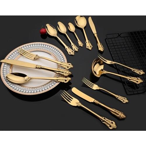 Vintage Western Gold Plated Cutlery Dining Knife Fruit Fork Teaspoon Butter Knife Set Luxury Dinnerware Engraving Tableware Set