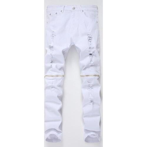 2018 NEW brand White Ripped Denim Pant Men Slim Skinny top quality casual denim trousers Knee Hole Zipper Biker Jeans