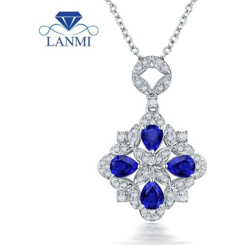 Special Design Blue Sapphire Pendant Necklace Real14K White Gold Charming Diamond Wholesale Fine Jewelry Women Thanksgiving Gift