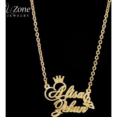 Uzone Gold Custom Double Name Crown Butterfly Necklace For Women Stainless Steel Frosted Letter Chain Necklace Anniversary Gift