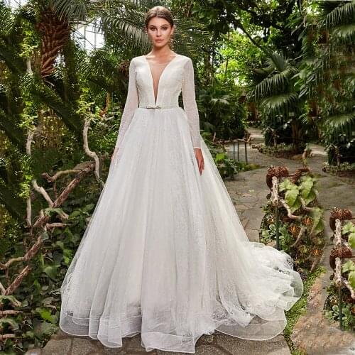 Sequins Sexy V Neck Long Sleeve Applqiue Lace Backless Bow Sashes A-Line Tulle Wedding Dress 2021 Vestido De Noiva Bridal Gowns