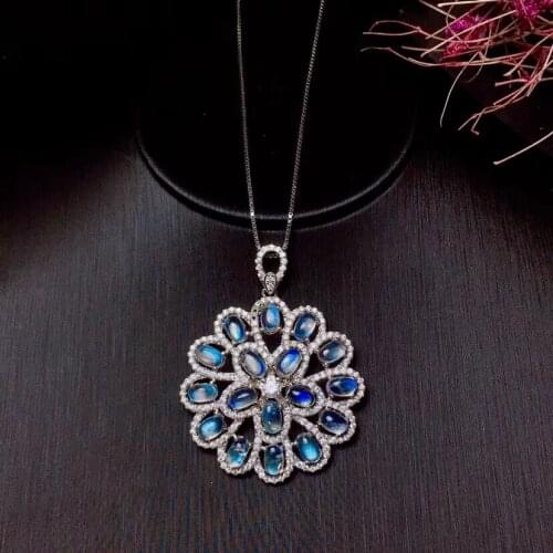 Natural blue moonstone necklace pendant S925 silver natural pendant fashion round Sun flower girlfriend Hydrangea gift jewelry