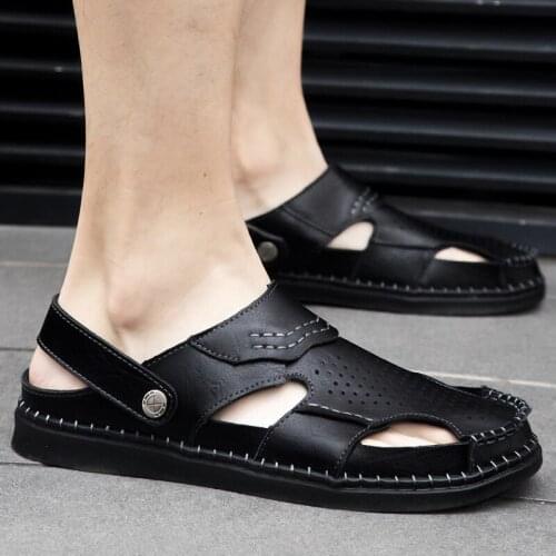 Classic Sandals Men Summer Hollow Out Genuine Leather Male Beach Sandals Male Outdoor Soft Bottom Slippers Slip-ON Man Sandals