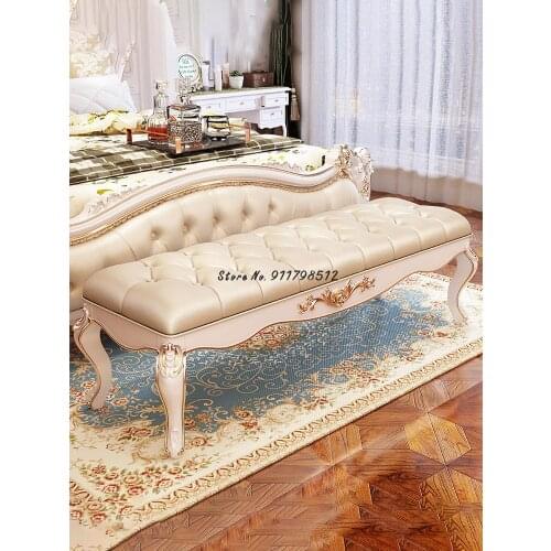 European style bed end stool solid wood shoe changing stool leather bed front stool bed end couch bedroom bedside stool light lu