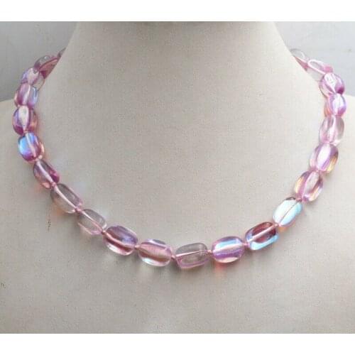 Bright 10x14mm Pink irregular Gleamy Rainbow Moonstone gem Beads Necklace 18"
