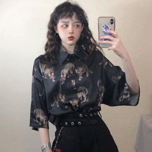 Vintage Leopard Womens Blouse Harajuku Print Shirts 2021 Summer Ladies Loose short sleeve Blusa Streetwear Camisas Mujer