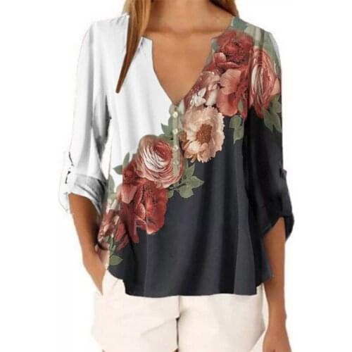 Womens Clothing Autumn New Fashion V-Neck Flower Print Long-Sleeved Casual Loose T-Shirt Plus Size Stitching Female Sexy Top
