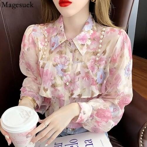 Autumn Vintage Beading Shirt Fashion Floral Print Chiffon Shirt Ladies Long Sleeve Loose Stand Collar Blouse Women Blusas 15908