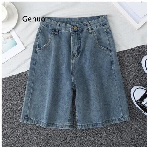 Summer Women High Waist Blue Wide Leg Denim Shorts Casual Female Solid Streetwear Stright Jeans Bermuda Shorts