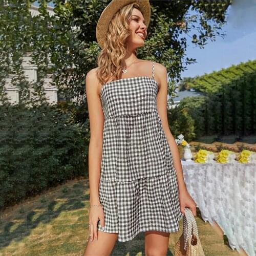 Women Sexy Spaghetti Strap Plaid Summer Dresses For Women 2021 Casual Loose Backless Female Slim Black Boho Beach Mini Dress