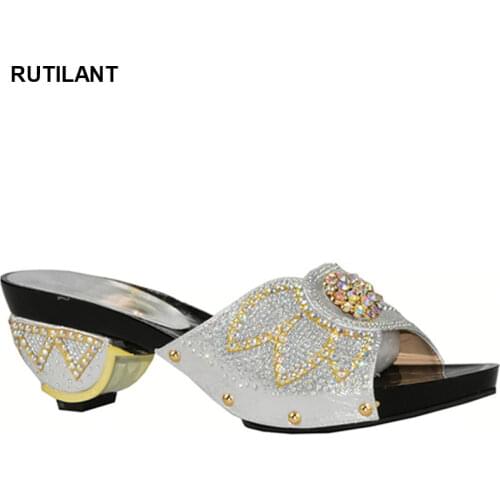Latest Sliver Color African Pumps Shoe Summer Low Heels Italy Women Wedding Shoes Rhinestone Elegant Women Summer Slipper Shoes