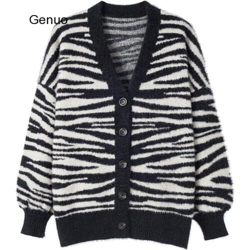 Thick Sweater Cardigan Women Fashion V-neck Casual Sweater Autumn Winter Female 2020 Zebra Pattern Loose Knit Cardigan