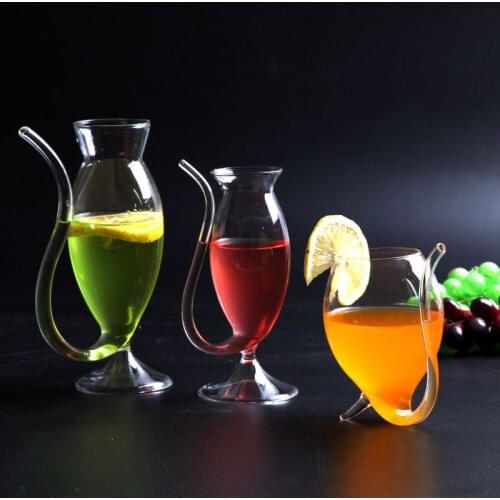 190ml/340ml Wine Glass Cup Clear Glassware Mug Cocktail Straw Cup With Built In Drinking Tube Straw For Home Kitchen Bar Party