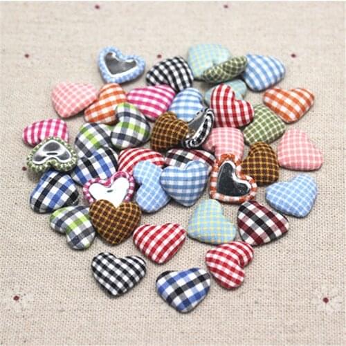 50pcs 17mm Mix Colors Lattice Fabric Covered Heart Buttons Home Garden Flatback Cabochon Crafts Scrapbooking DIY