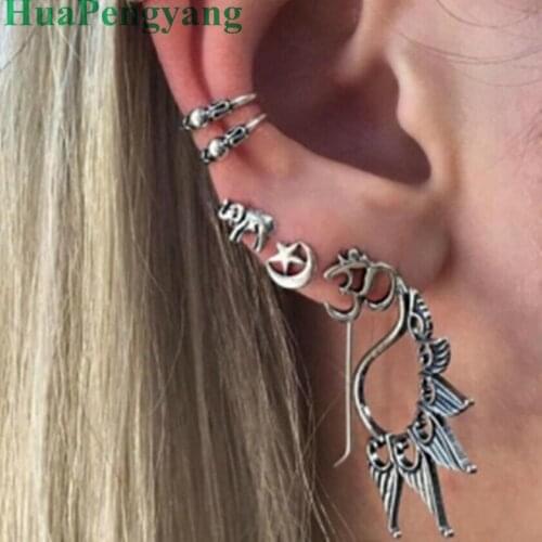 Personality exaggerated Bohemian retro simple elephant moon star 7 sets of earrings jewelry jewelry