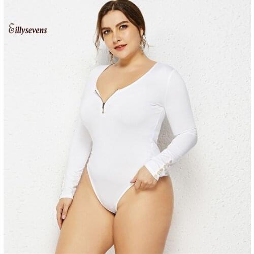 Solid Cotton Bodysuit Women Plus Size Sexy Black Bodysuit Long Sleeves With Button And Zipper Overalls For Women Boddy Femme