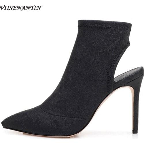 Stiletto Zipper Elastic Sequined Cloth Pointed Toe Ankle Chelsea Boots Thin High Heel Shallow Pumps Bling Designer Shoes Women
