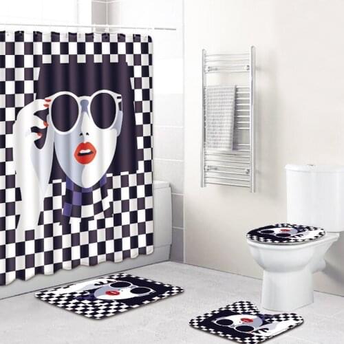 Nordic Style Girls Waterproof Bathroom Decor Bath Curtain Non-slip Flannel Toilet Carpet Rugs Bath Mat Set Shower Curtain Set