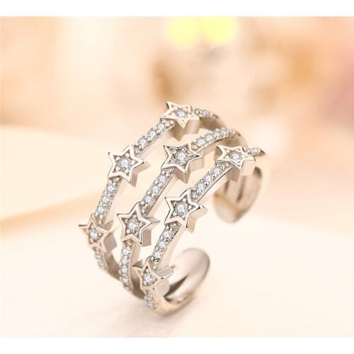 925 Sterling Silver Elegant Mutilayer Geometric Shining Crystal Star Rings For Women Fashion Party Jewelry S-R176