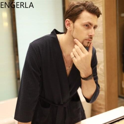New Autumn Spring New Men Robe Gown Casual Waffle Kimono Bathrobe Male Daily Spa Home Clothes Three Quarter Sleeve Sleepwear