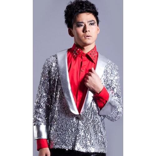 Hip Hop Jazz Dance Costumes Sequins Silver Suit Costume MenS Trendy Jacket Nightclub Singer Stage Show Wear Rave Outfits XS1718