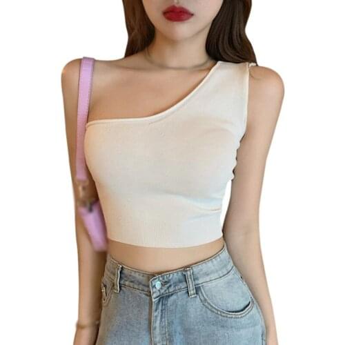 Summer Women One Shoulder Crop Tops Sleeveless T-Shirt Tank Tops Summer Beach Vest Bare Midriff Fashion Clothes